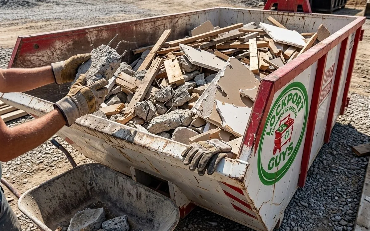 Dumpster loaded with broken concrete and heavy debris in Lockport