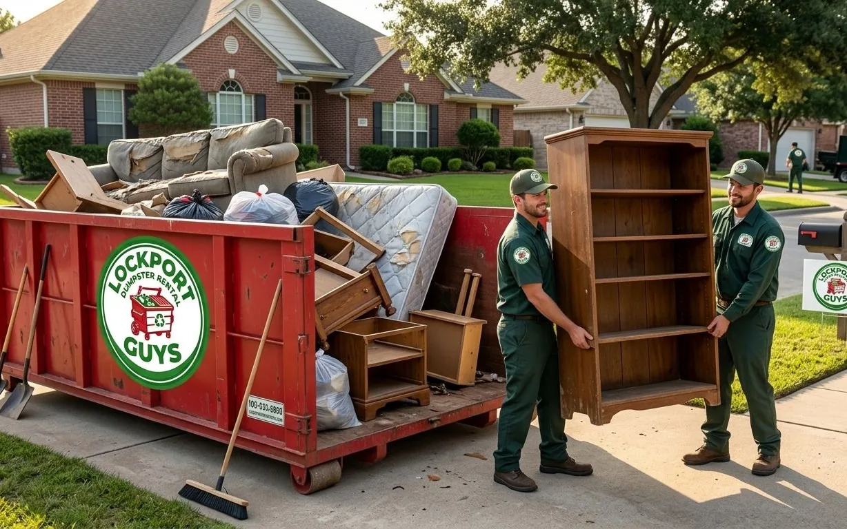 Dumpster outside a historic brick home renovation in Lockport