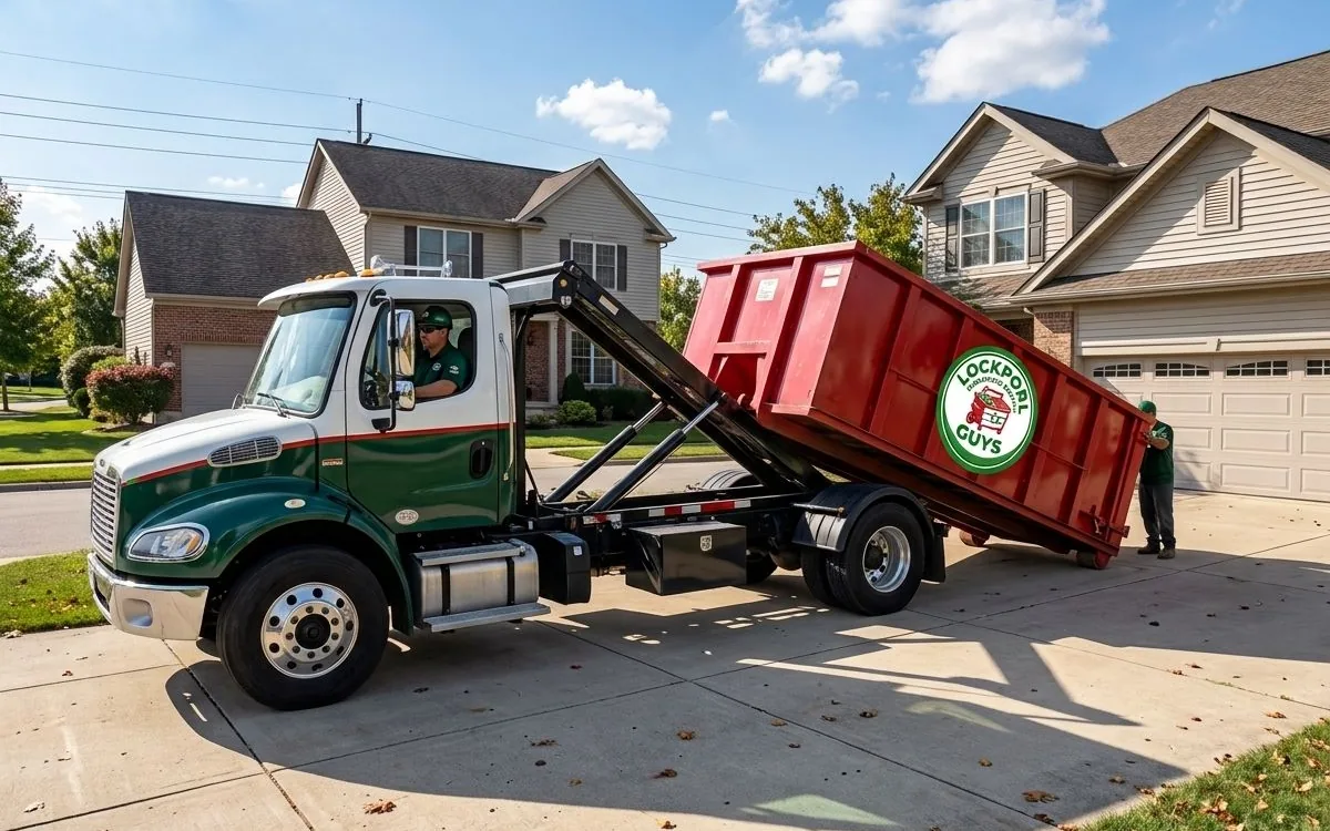 Dumpster truck collecting a loaded roll-off in Niagara County NY